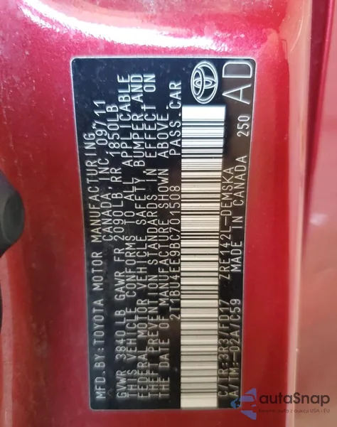 2011 Toyota Corolla Base from USA, damaged, VIN 2T1BU4EE9BC701508